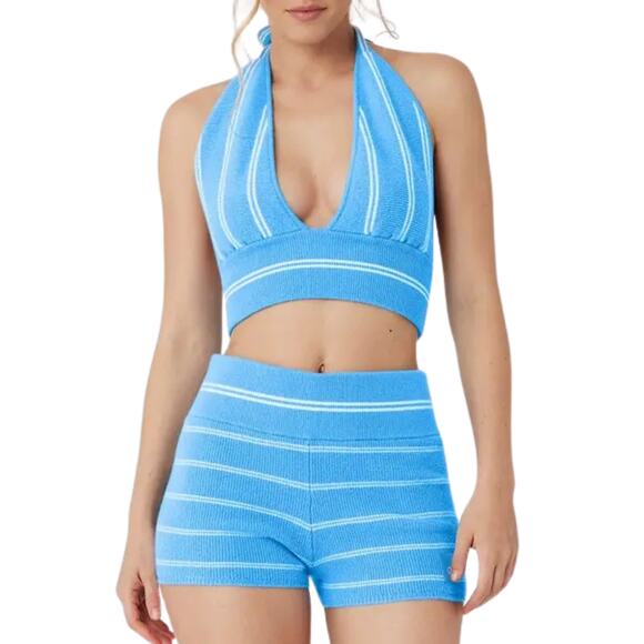 NEW Alo Yoga Cashmere Mini Stripe Halter Tank/Shorts Set Azure Sz S Retail $386 - Picture 9 of 9
